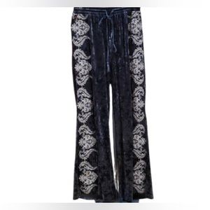 Wide Leg Velour Pants with beautiful Embroidered Detail.